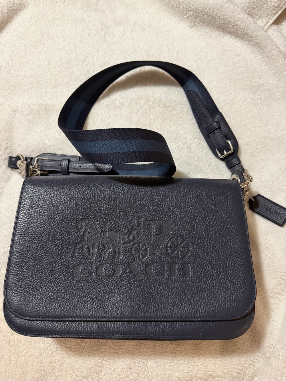Coach Navy Pebbled Leather Crossbody Bag with Navy-Striped Strap